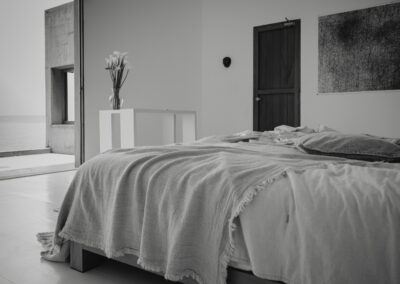 Monochrome view of Lake Atitlán and volcanoes from Room One at Anzan Atitlán.