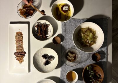 Japanese-inspired starter plates at Anzan Table’s Special Dinner: a series of small dishes with fresh herbs, seasonal vegetables, and minimalist presentation, crafted as part of a gourmet tasting menu by Lake Atitlán.